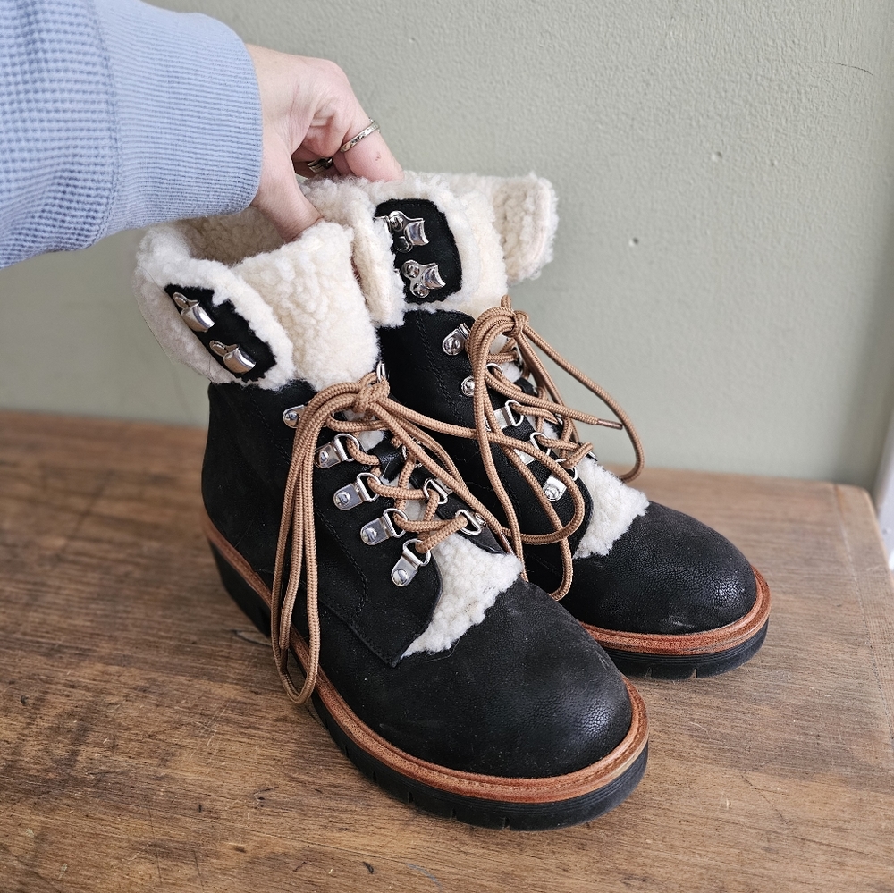 Anthropologie Black and Cream Lace Up Boots